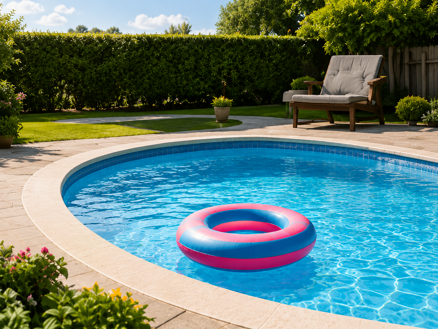 A private backyard pool with lounge chairs and string lights